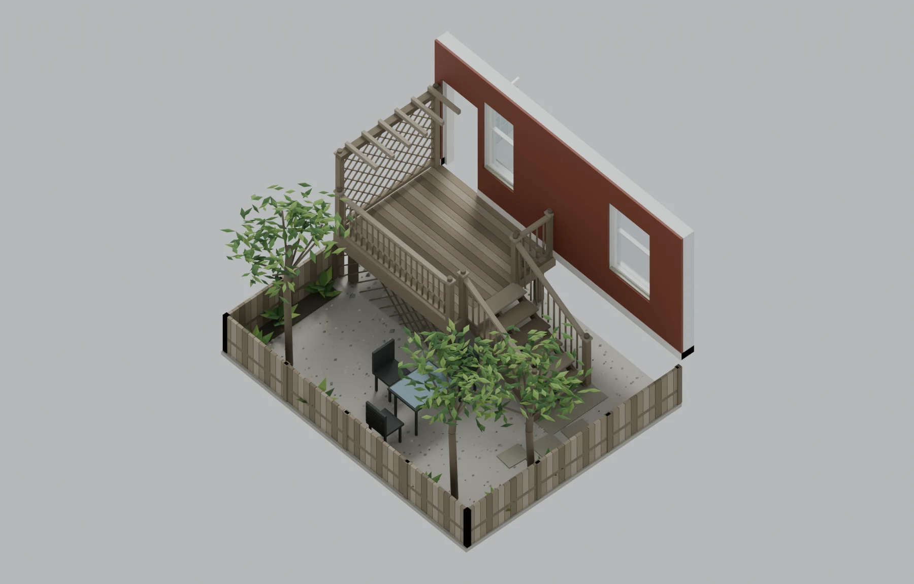 Lower apartment — Backyard, deck & patio, illustrative furnished cutaway