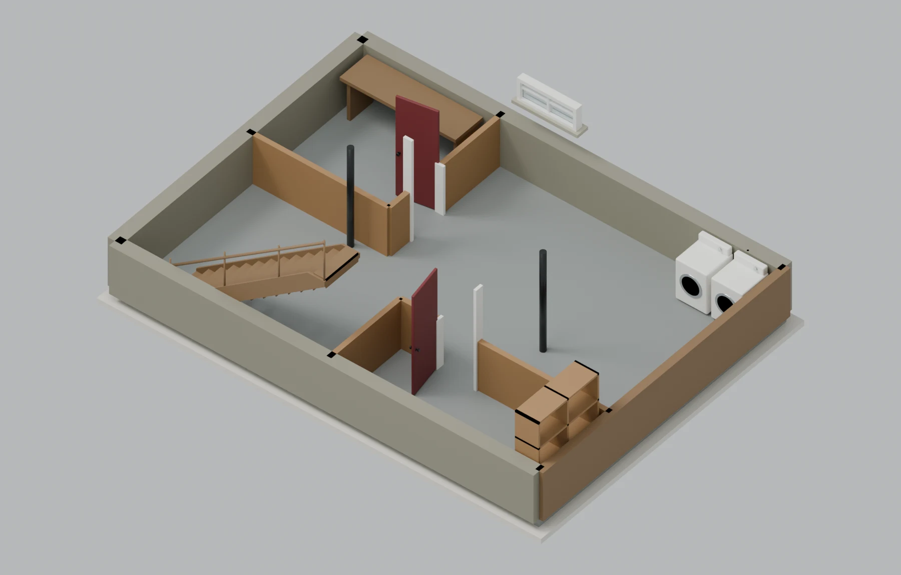 Lower apartment — Front-half basement, illustrative furnished cutaway