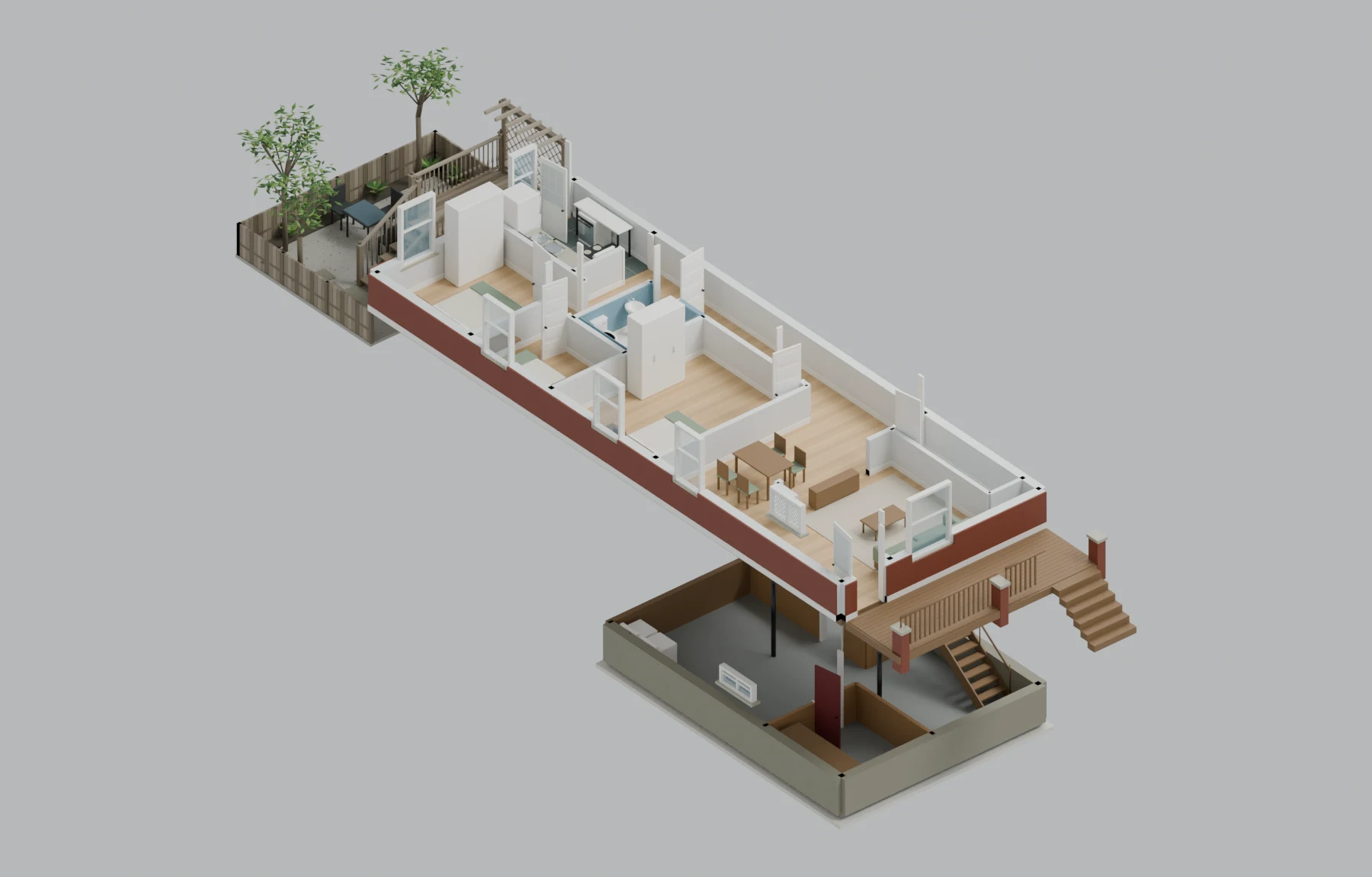 Lower apartment — Main floor + basement, illustrative furnished cutaway