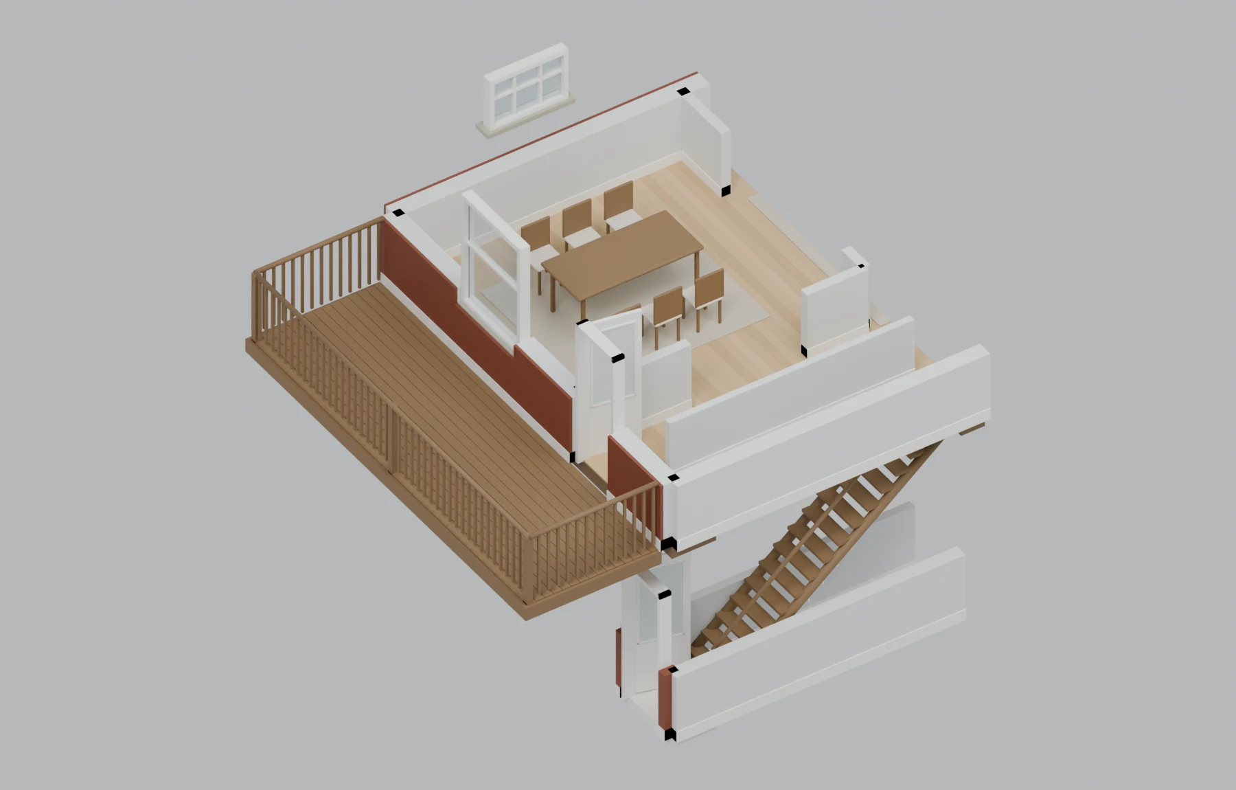 Upstairs apartment — Entry stairs and balcony, illustrative furnished cutaway