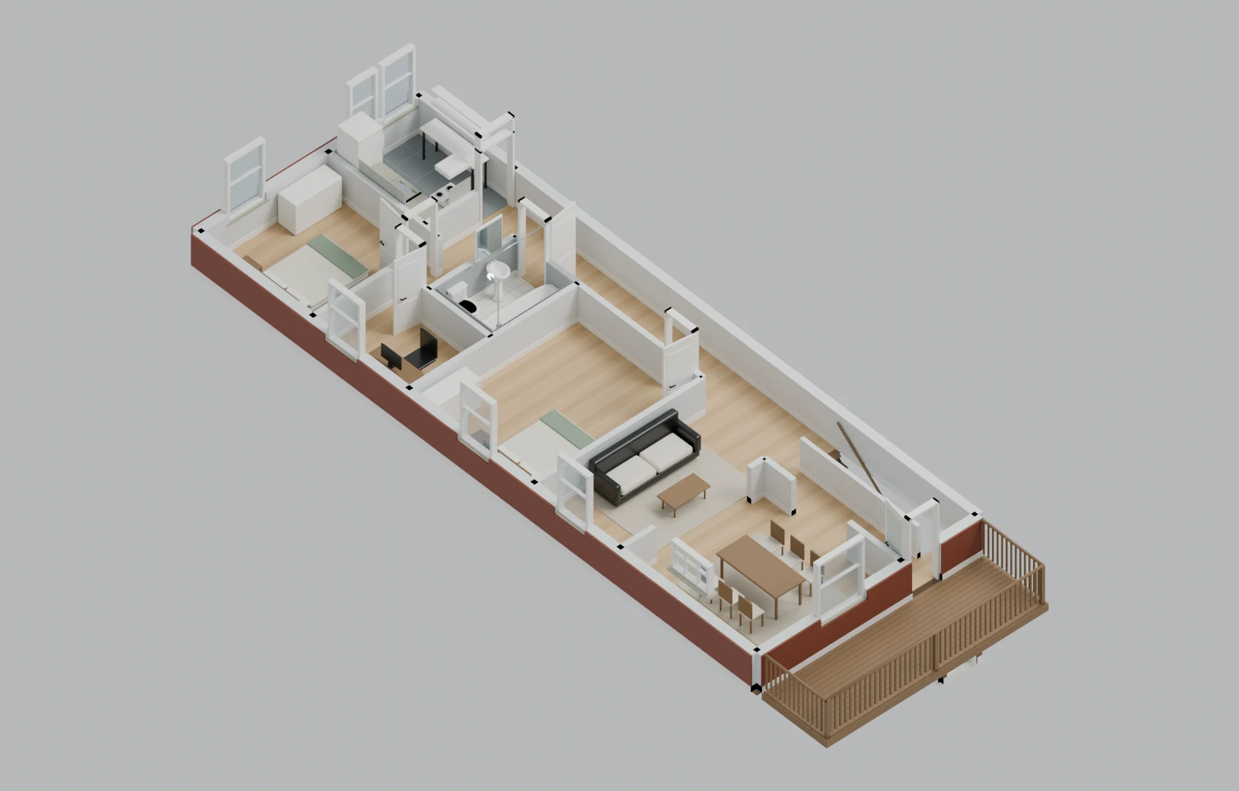 Upstairs apartment — Upstairs apartment, illustrative furnished cutaway